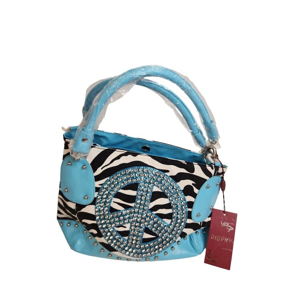 Diophy Zebra Print & Turquoise Shoulder Purse Bag With Studded Details